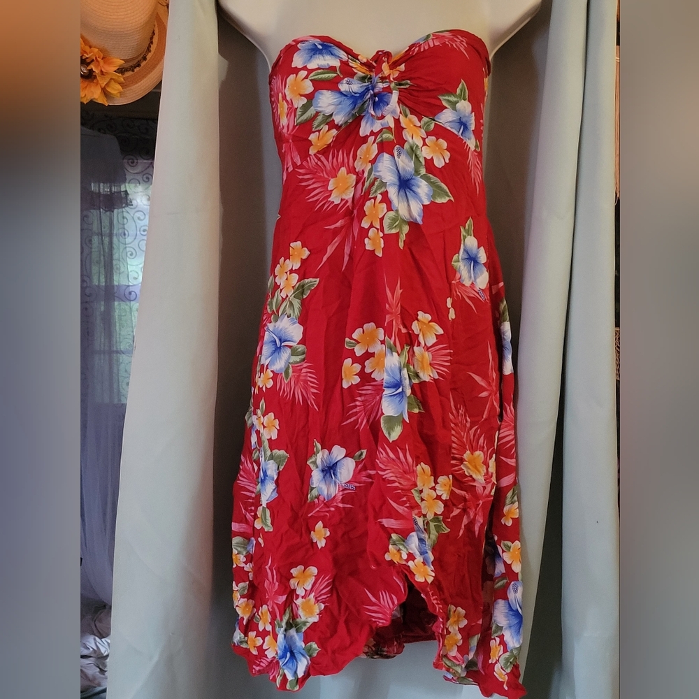 Floral Strapless Dress - Red